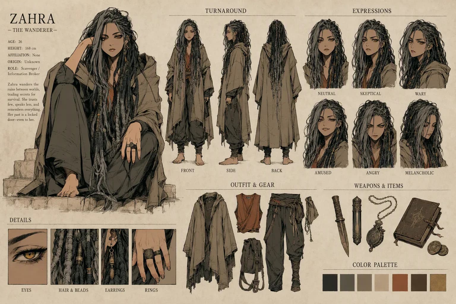 Folha de referência de personagem em arte digital