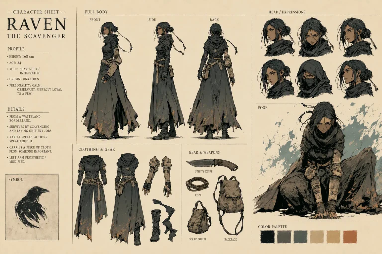 Design de personagem em folha de conceito digital
