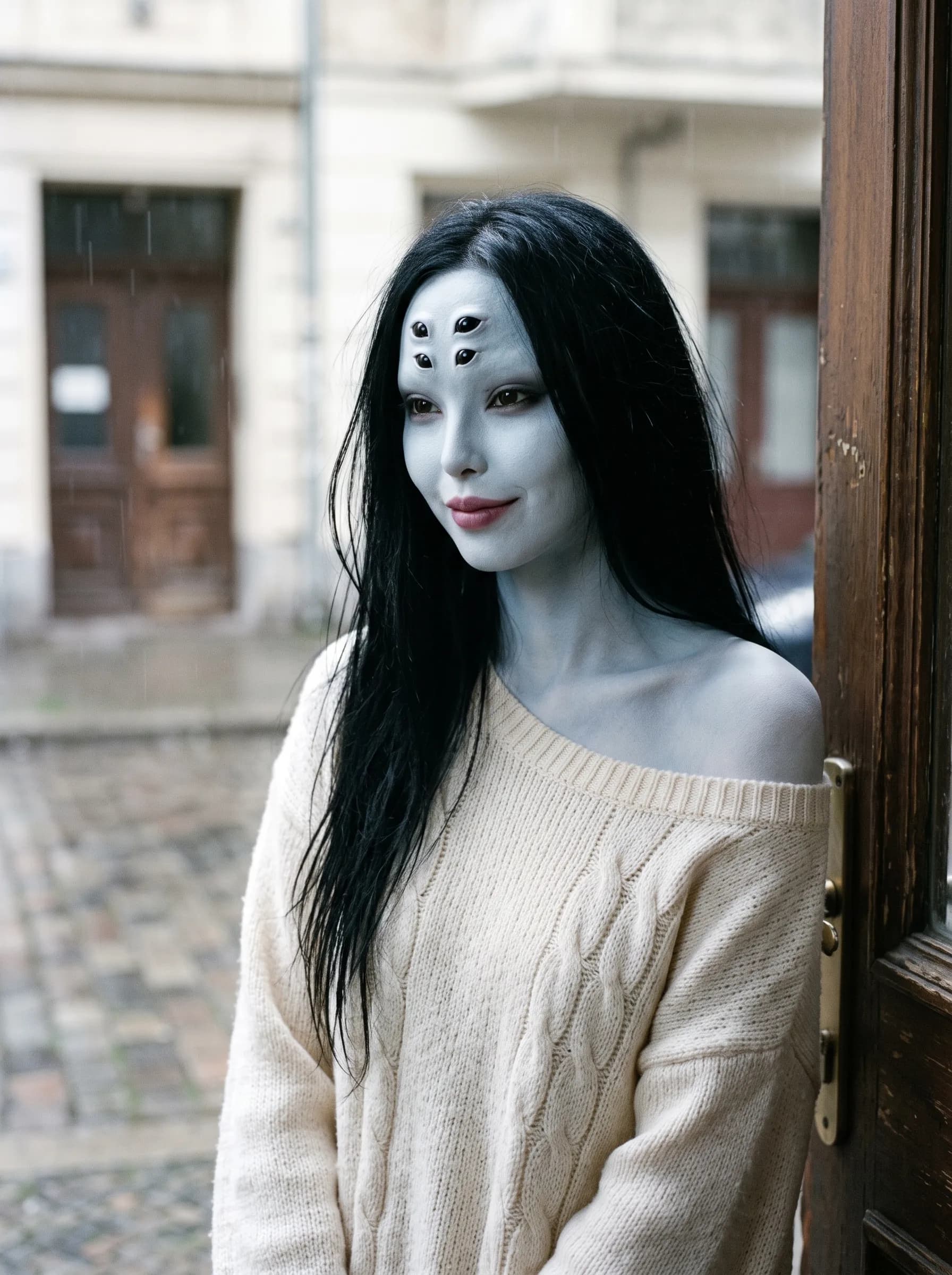 Uma representação etérea de Arak, mulher de traços asiáticos e pele azul porcelana. A imagem destaca a beleza surreal de seus olhos extras na testa, criando uma atmosfera mística e contemporânea.
