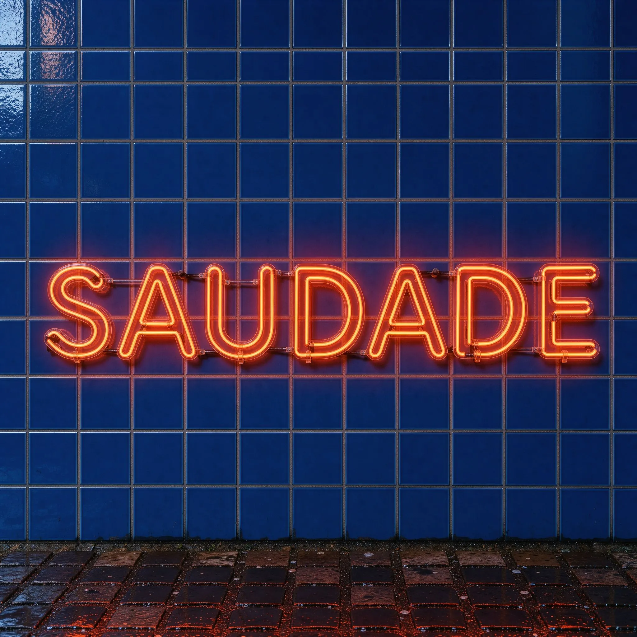 Letreiro neon de saudade em parede azul
