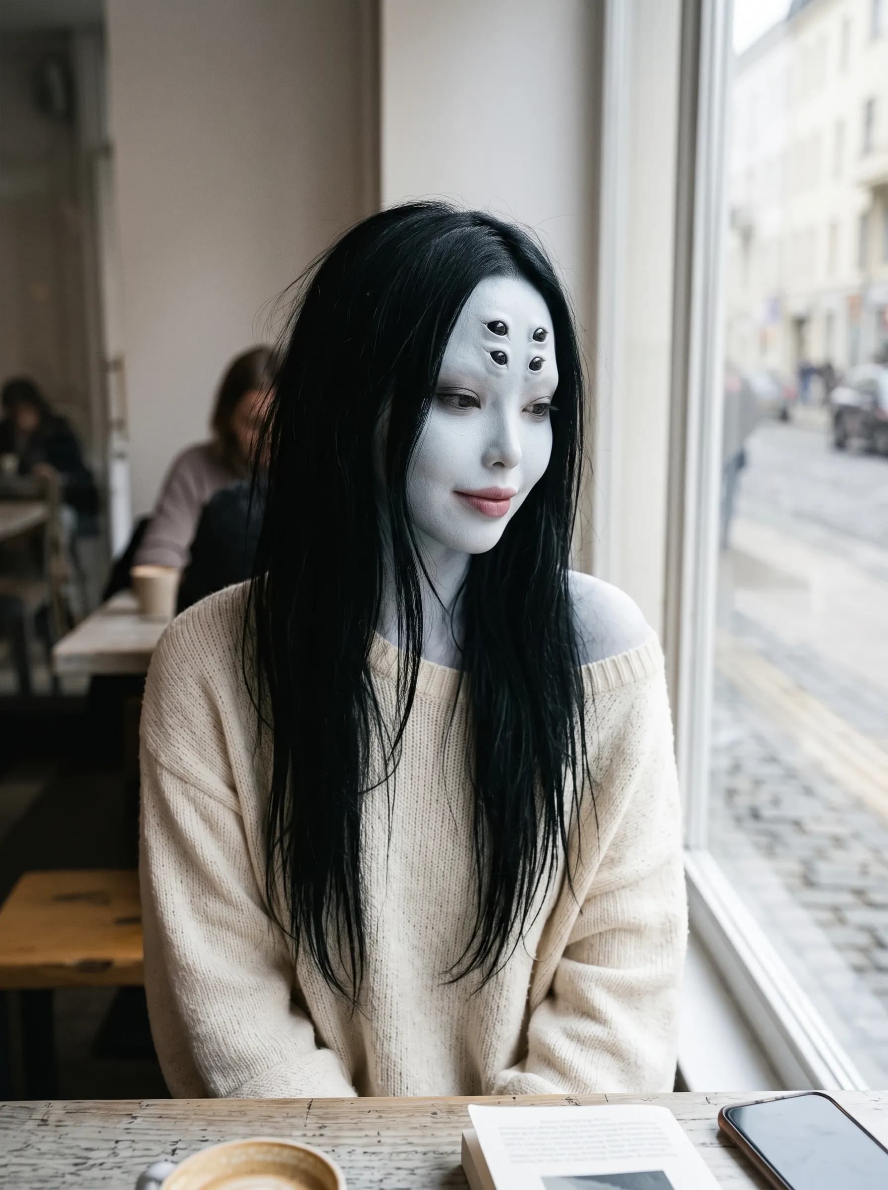 Uma mulher de 24 anos com traços suaves e pele azul-clara, possui quatro olhos pequenos adicionais em sua testa. Ela tem cabelos pretos retos e olhos amendoados escuros. A cena é tranquila e misteriosa.