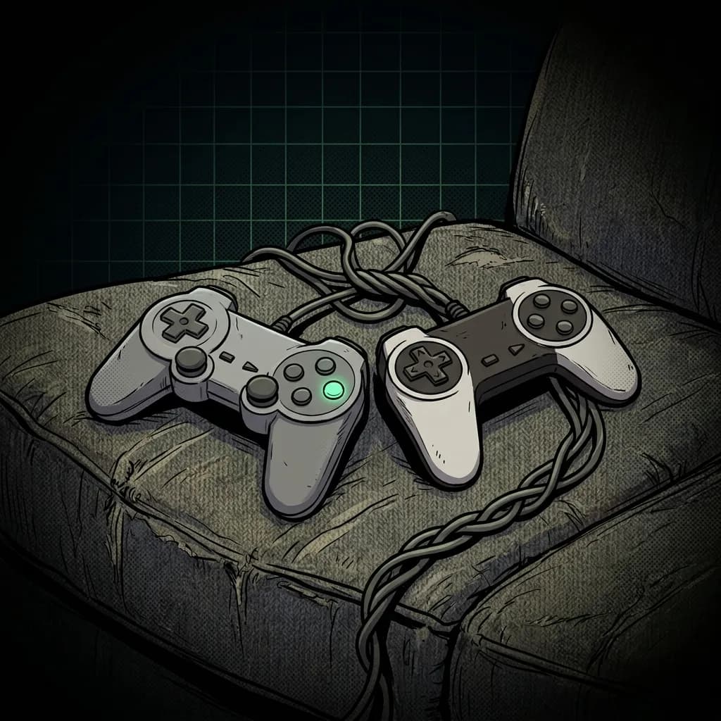 Dois controles de jogo lado a lado em um sofá desgastado, com fios enrolados juntos. Uma cena simples e tranquila que evoca momentos de lazer e diversão. O toque de cor verde-menta em um dos botões dá um charme especial à imagem.