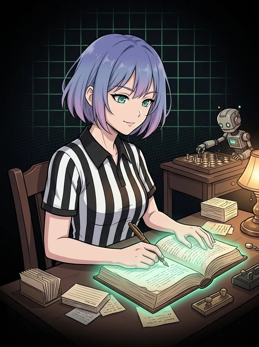 Uma mulher calma e confiante, sentada a uma escrivaninha de madeira, escreve em um livro de regras com uma caneta-tinteiro. Ao fundo, um robô pequeno joga um jogo de tabuleiro sozinho. A cena é iluminada por uma lâmpada de mesa e há um monte de cartões de índice ao redor.