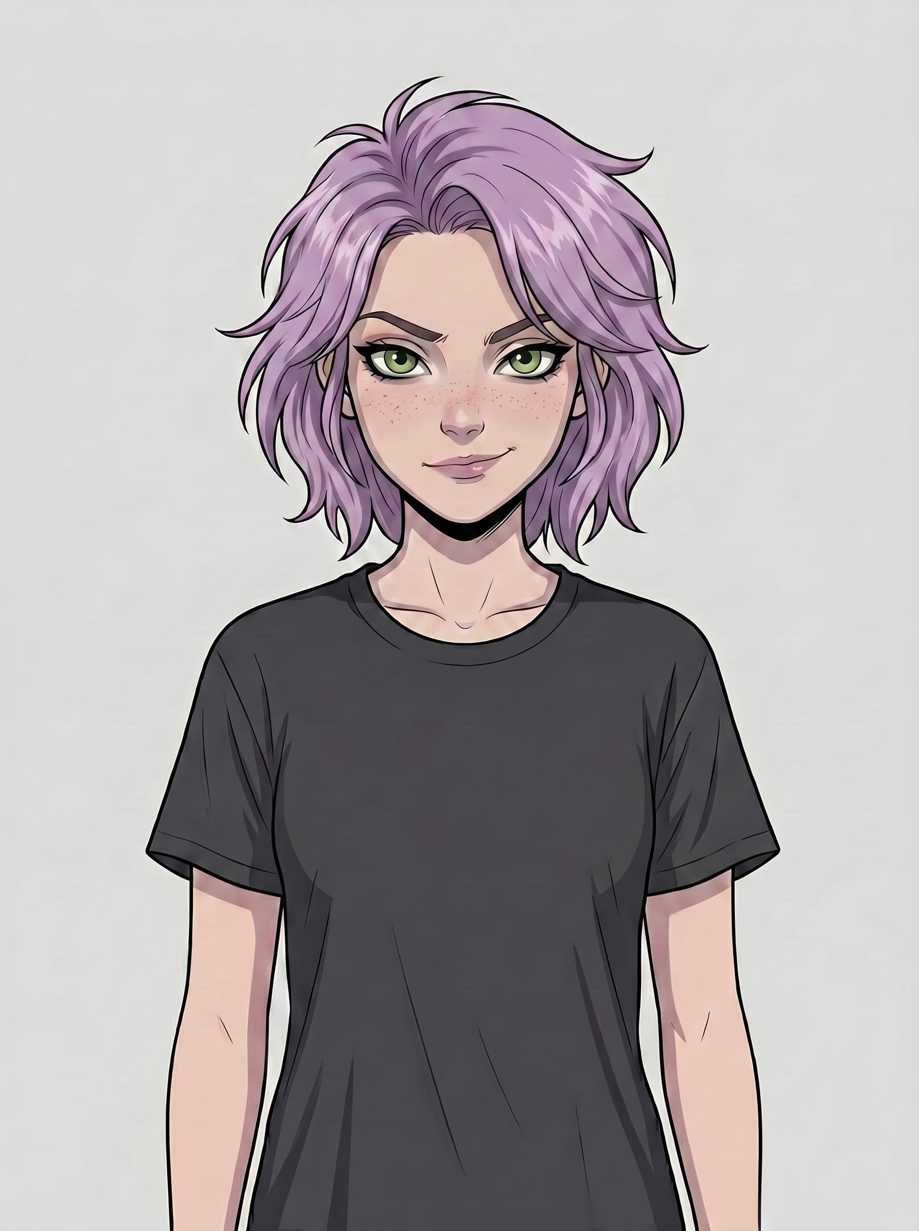 Retrato de Helen Ailith, cabelo roxo e olhar confiante