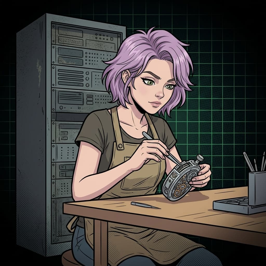 Ilustração editorial: Helen Ailith, personagem de cabelo lavanda