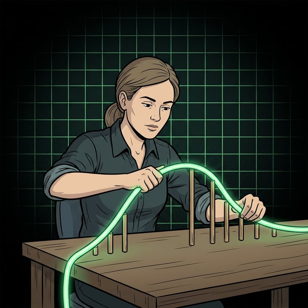 Programadora focada moldando lógica com luz neon