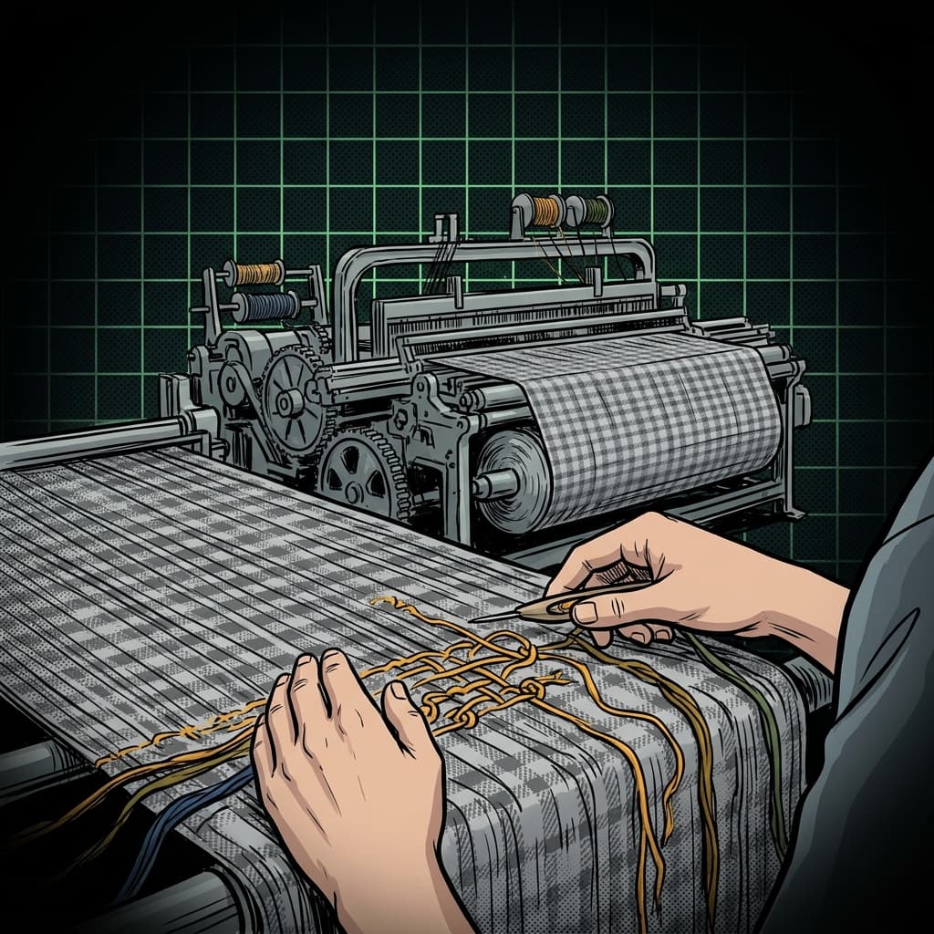 Artesanato digital: mãos tecendo fio dourado em tear industrial