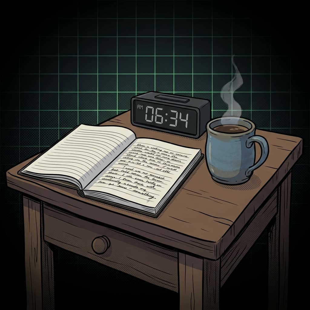 Rotina matinal calma: mesa de cabeceira ao amanhecer