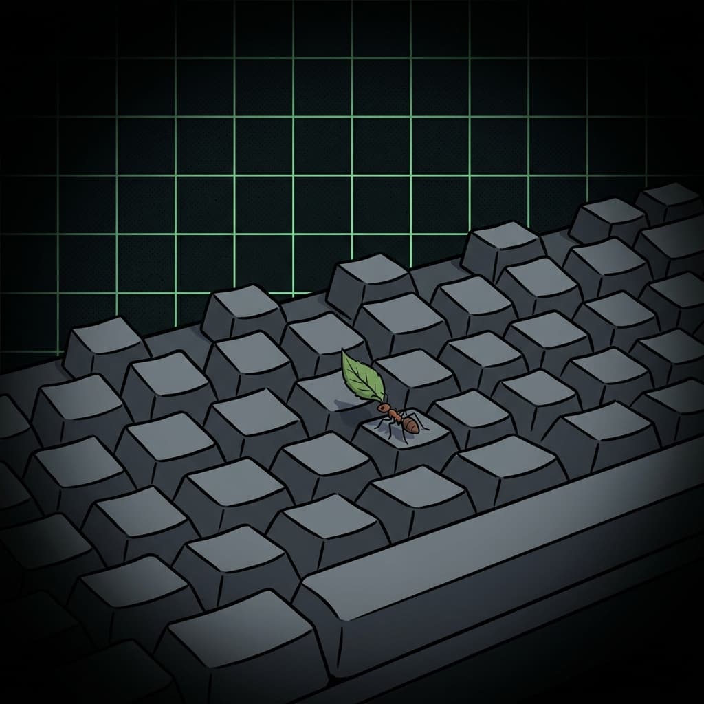 Formiga no teclado: ilustração de trabalho e tecnologia digital