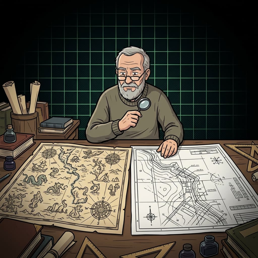 Ilustração editorial, cartógrafo compara mapas antigos e modernos