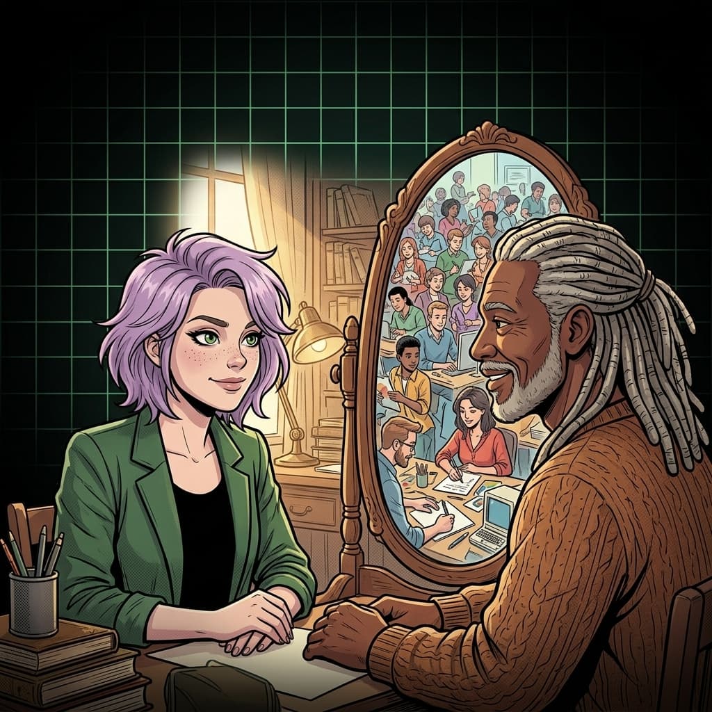 Ilustração editorial de Helen Ailith, com cabelo lavanda