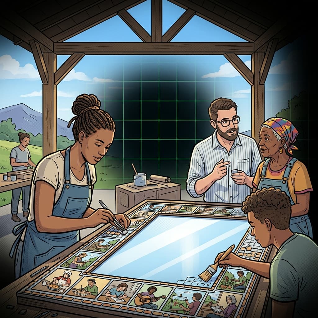 Ilustração IA: Colaboração humana construindo mosaico da vida
