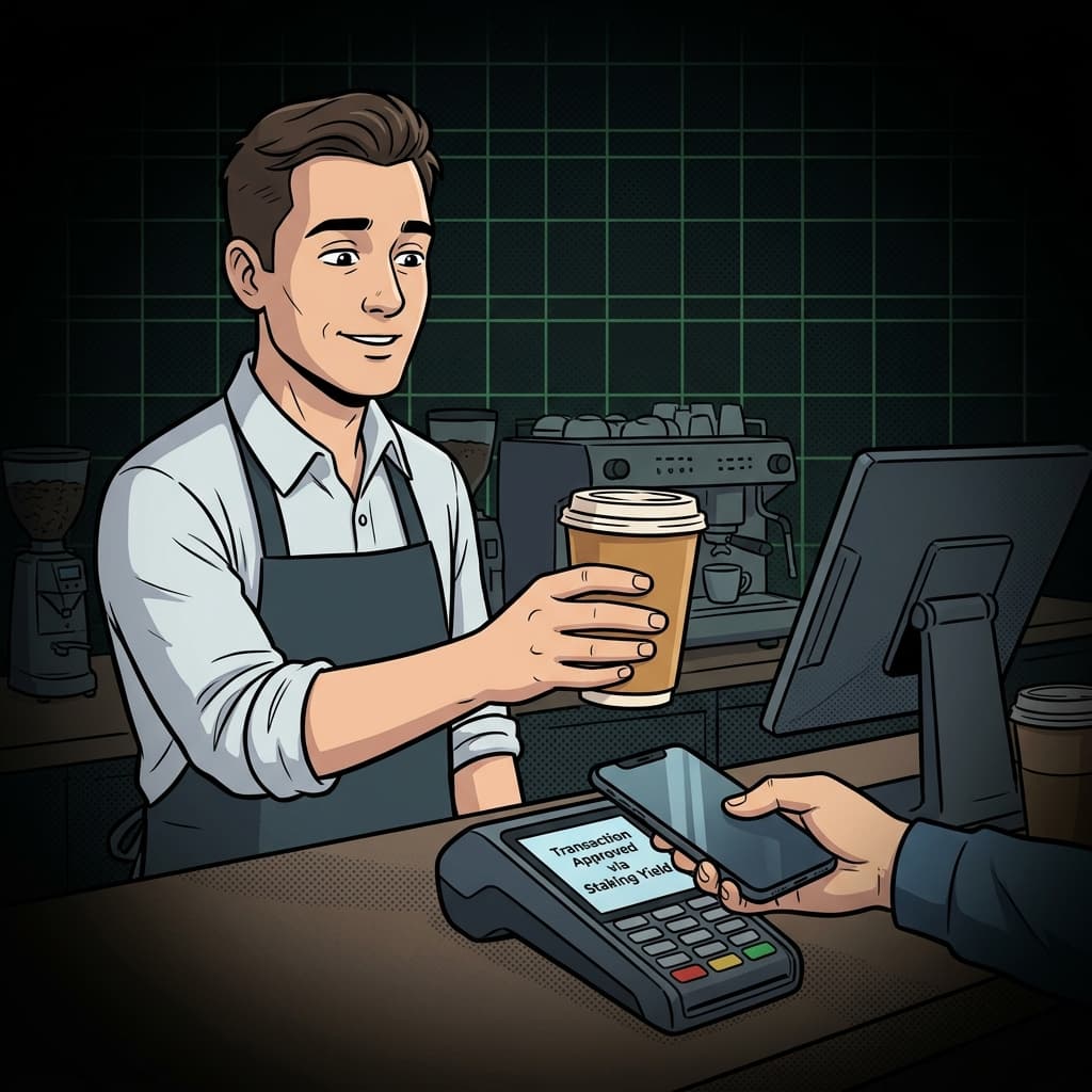 Ilustração de IA, pagamento cripto em cafeteria movimentada