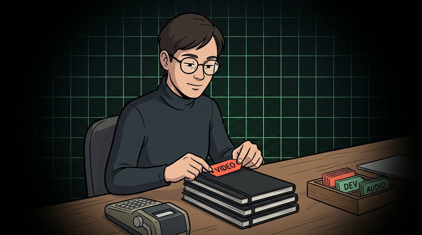 Curador com óculos organiza conteúdo em ilustração IA editorial