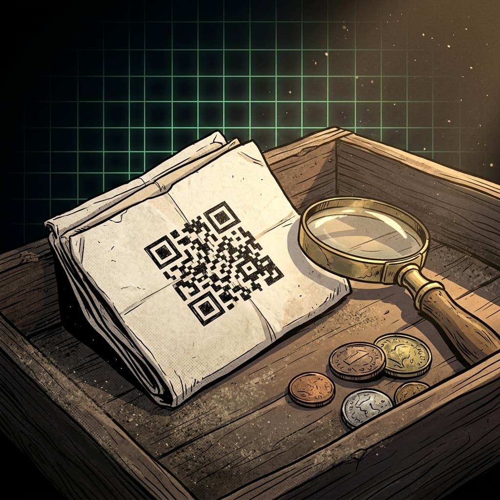 Cripto arte, carteira vintage com QR e moedas antigas