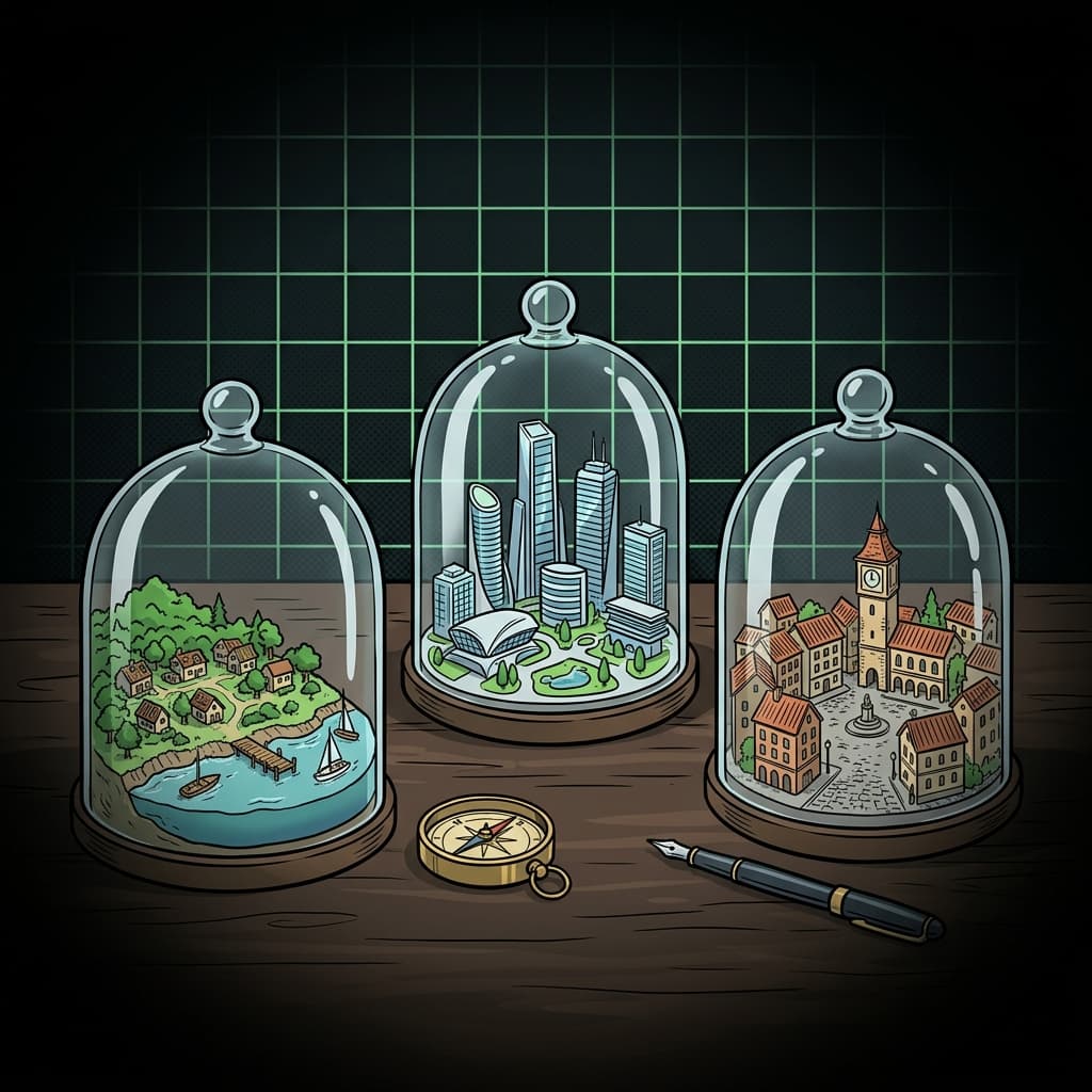 Mundos em miniatura: cidades sob cloches de vidro, arte IA