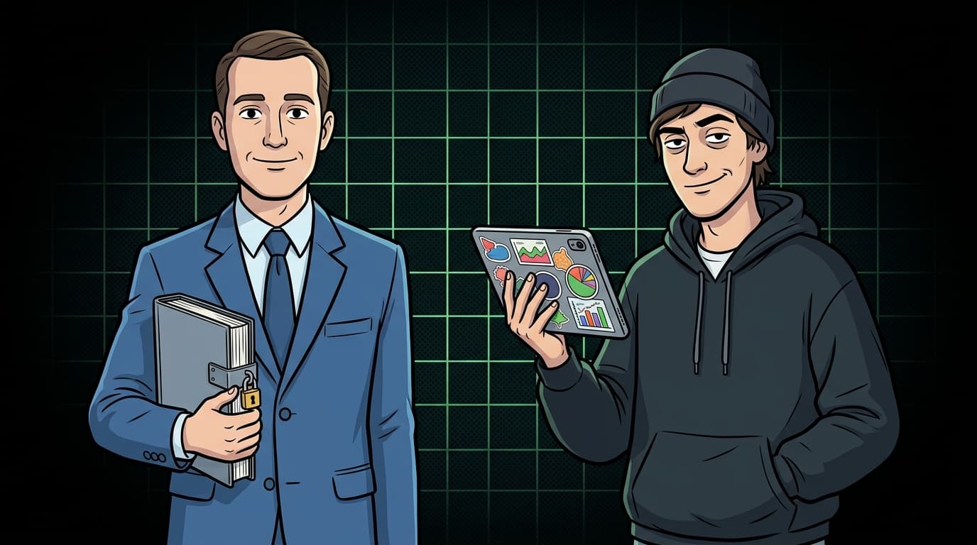 Ilustração editorial: corporativo e desenvolvedor tech em contraste