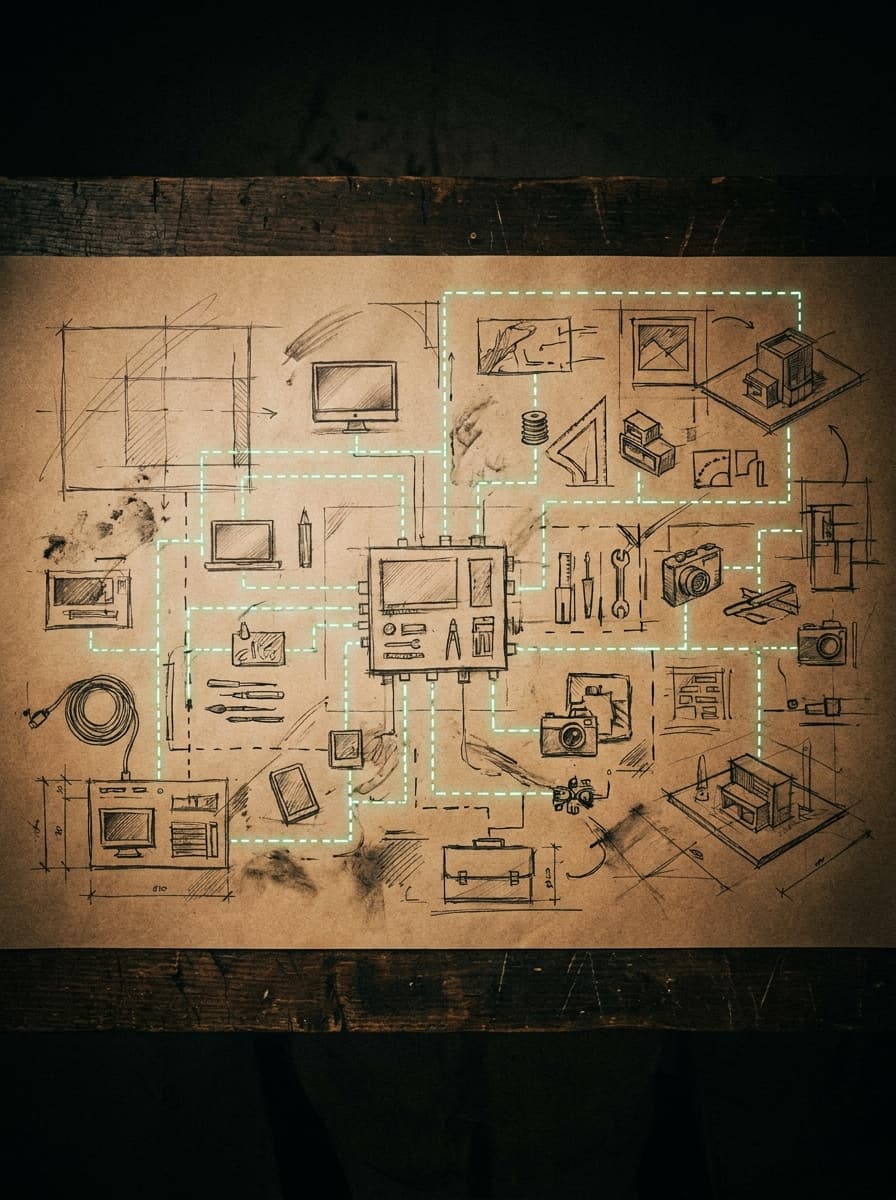 Mesa de trabalho criativa: diagrama de ideias e ferramentas