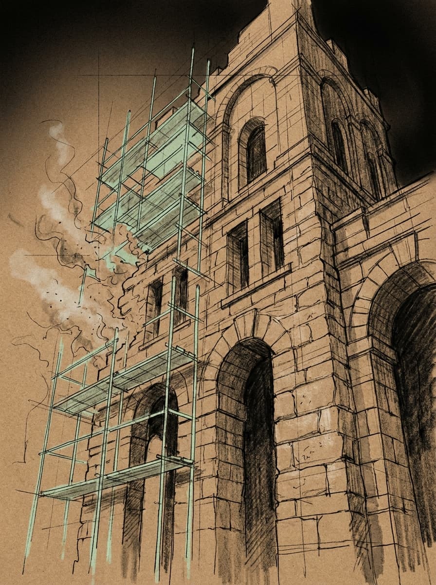 Arte IA: Edifício de pedra, andaimes desaparecendo