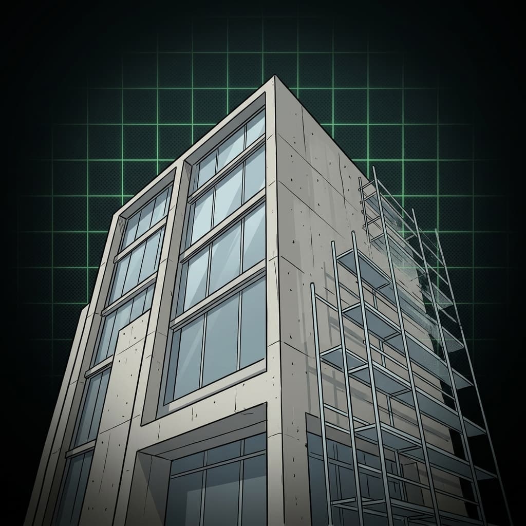 Arquitetura digital: edifício de concreto, andaime se desfaz