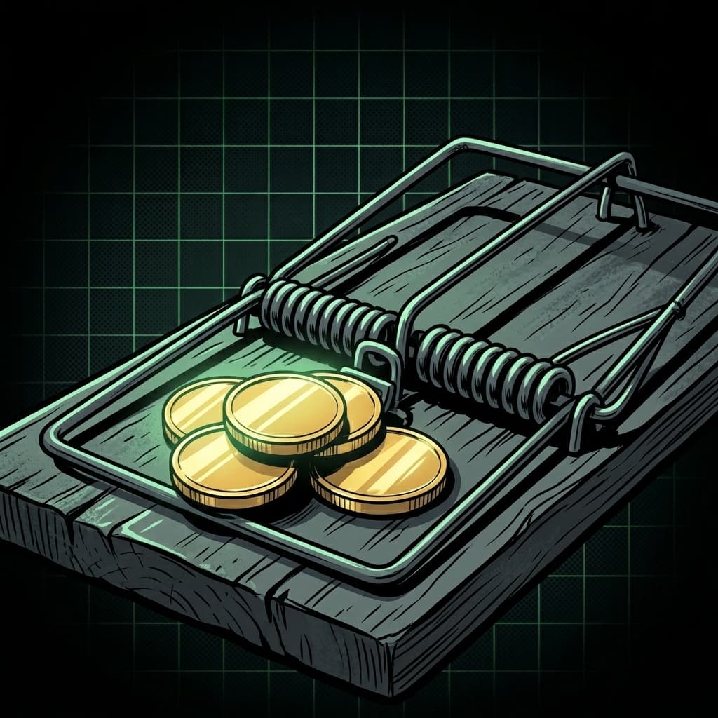 Armadilha da ganância: ratoeira com moedas de ouro, ilustração digital noir