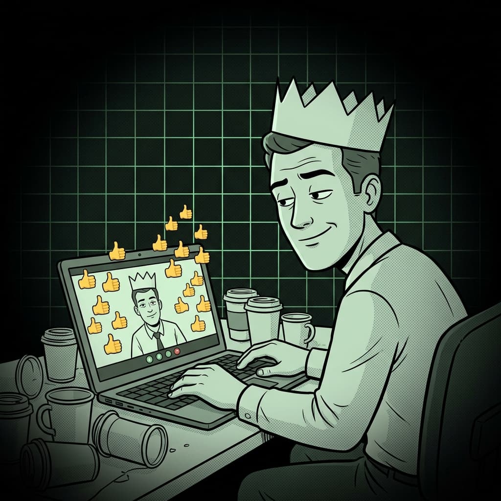 Ilustração editorial: Funcionário com coroa de papel e validação virtual