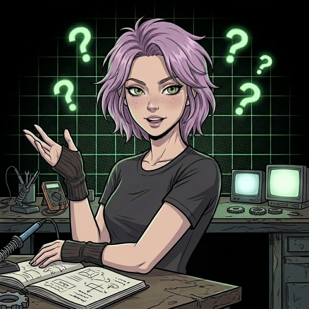 Ilustração IA: Mulher com cabelo lavanda em bancada tecnológica