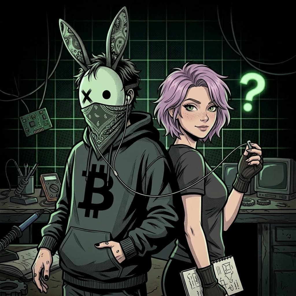 Arte IA: Helen e figura mascarada, ilustração cyberpunk noir