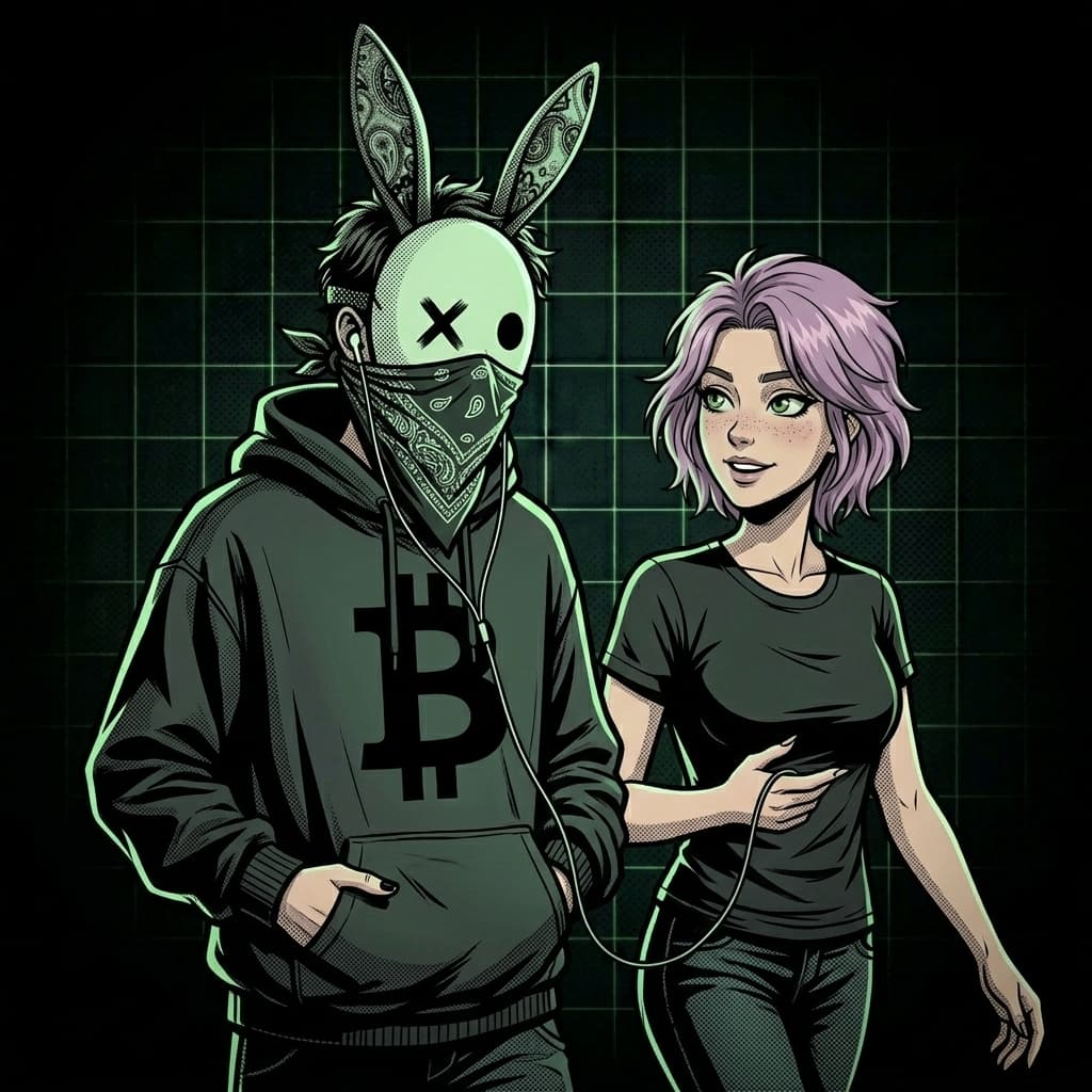 Arte digital noir: Dupla urbana com máscara e cabelo lavanda