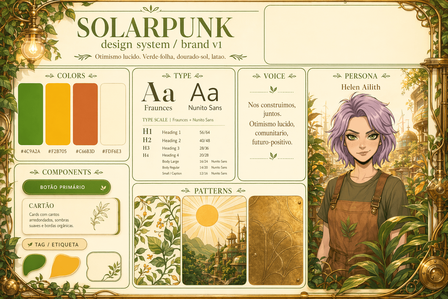 Painel solarpunk IA: design de marca, cores e personagem feminina