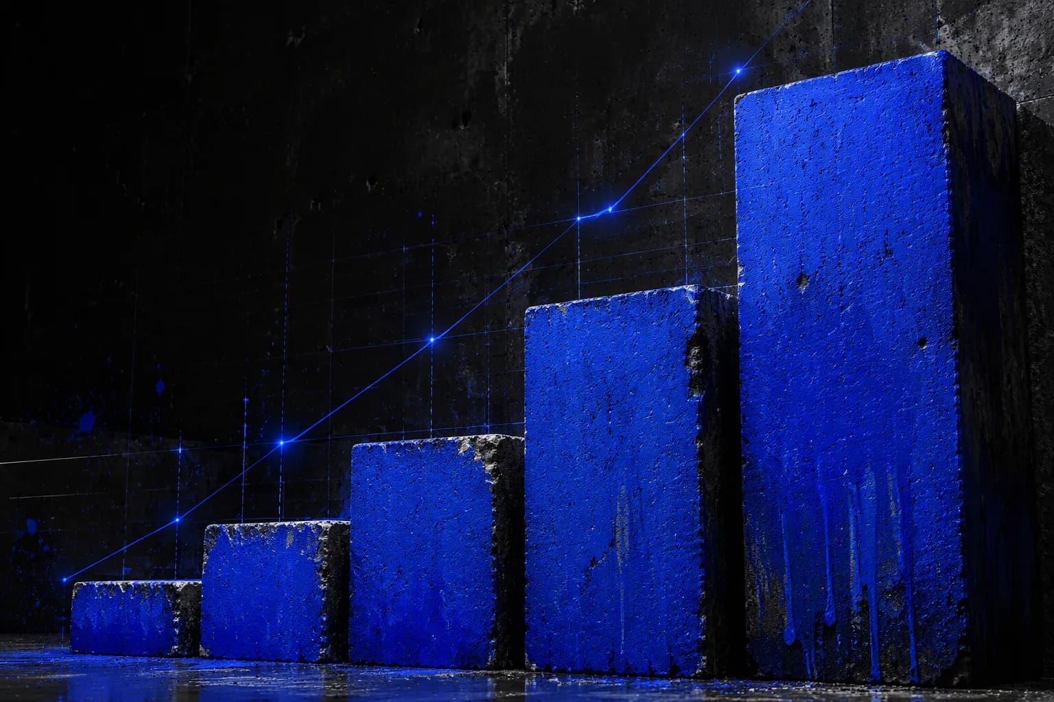 Blocos de concreto empilhados como um gráfico de crescimento, pintados com tinta azul elétrico e atravessados por linhas de medição digitais. A cena mistura material urbano bruto com interface tecnológica limpa, num clima de progresso e estratégia.