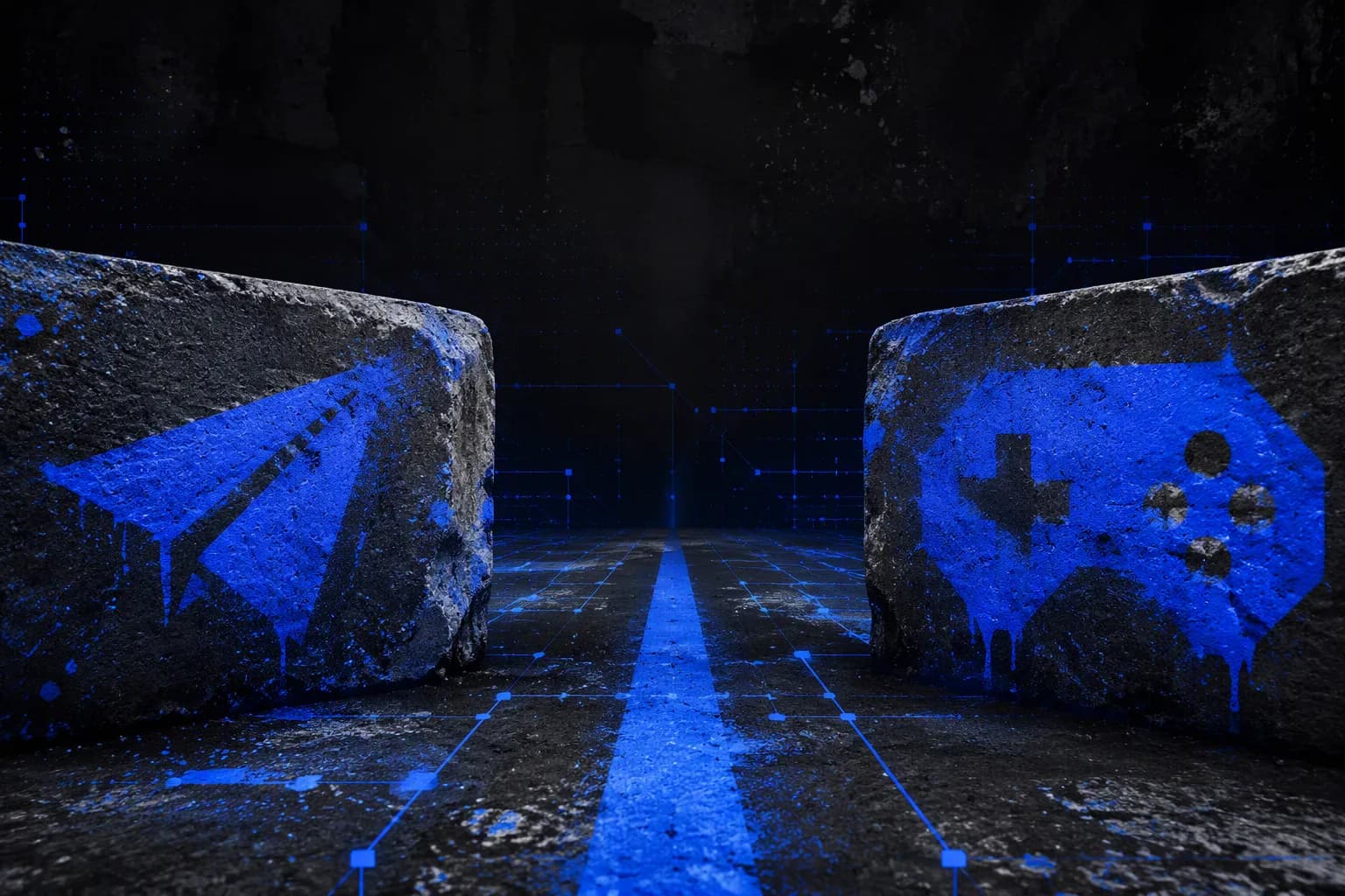 Dois blocos de concreto gigantes se encaram numa encruzilhada, marcados com spray azul elétrico: um avião de papel e uma forma geométrica de controle. Linhas digitais conectam os dois como caminhos de rede que se separam, num clima industrial e urbano.