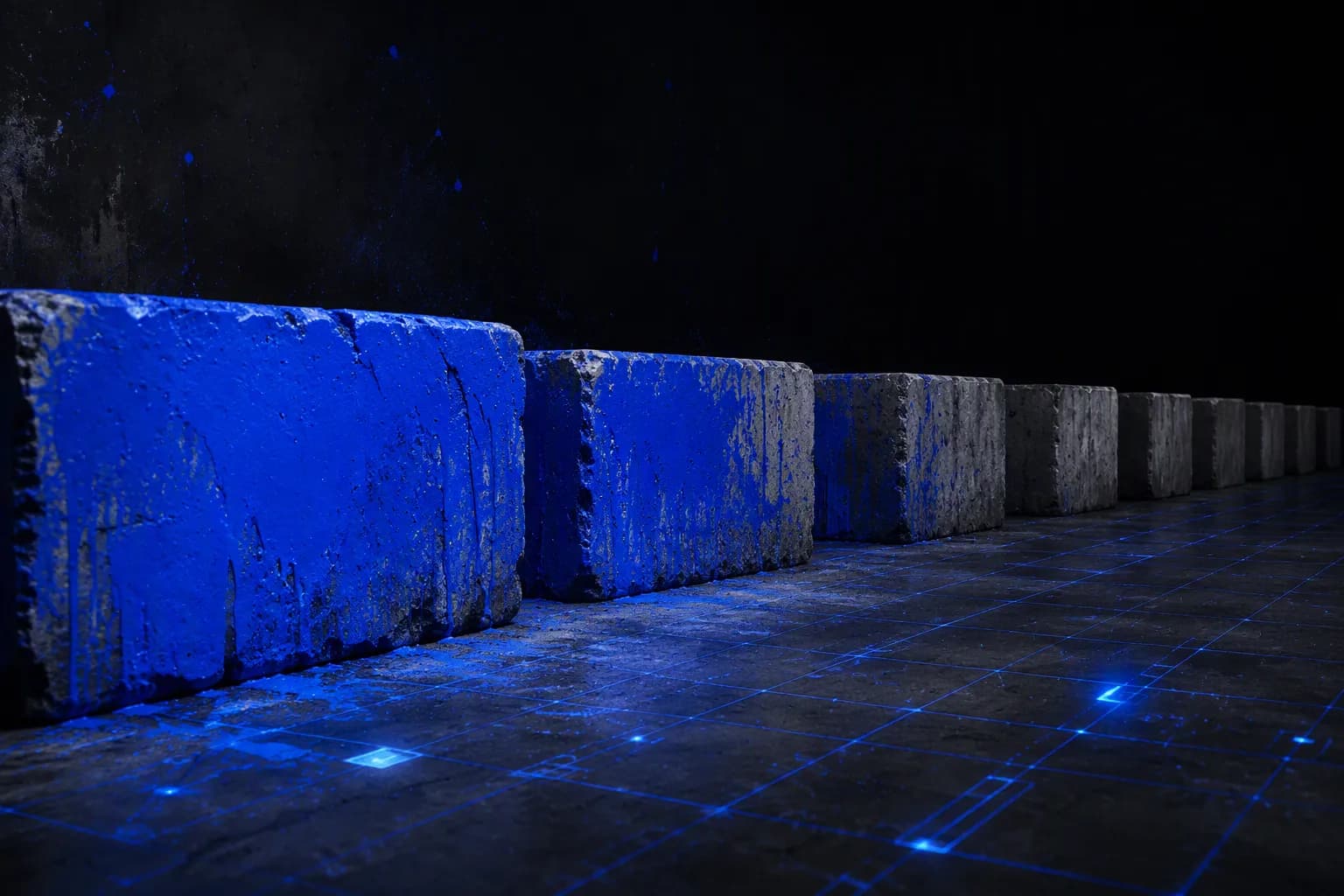 Fileira de blocos de concreto bruto em um piso industrial, com spray azul elétrico que vai sumindo ao fundo. Uma grade digital azul brilhante cobre o chão e os blocos, sugerindo tecnologia e abandono ao longo do tempo.