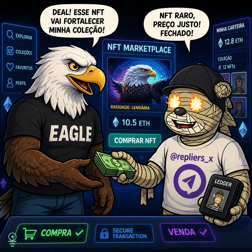 Arte digital de transação de NFT entre águia e múmia